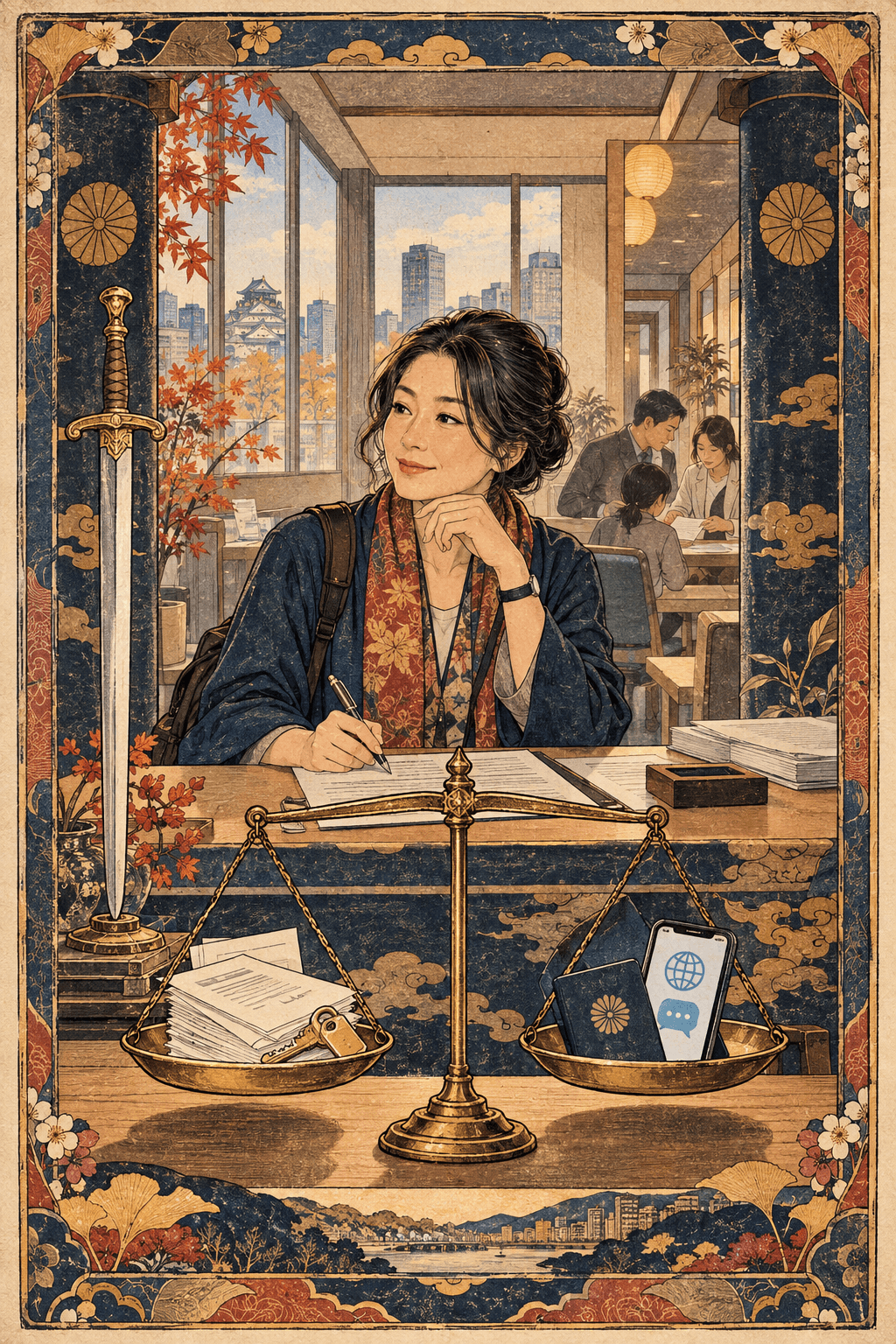 大阪辦公室裡，一名女性旅人坐在合約前思量，身旁是一把直立寶劍，前方天秤兩端放著文件、鑰匙、護照與手機的復古塔羅牌插畫
