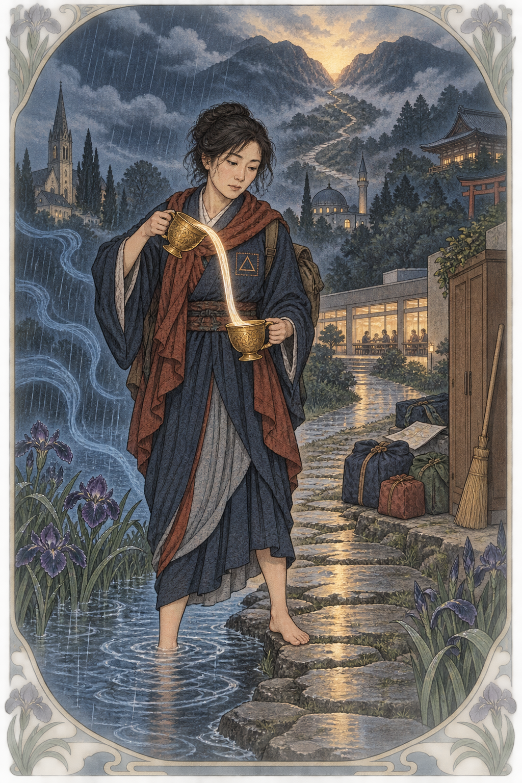 雨後暮色裡，一名紅藍衣旅人一腳踏水、一腳立於石徑，讓光流在兩只金杯之間流動，身後通往山口的路兩側分別坐落教堂、清真寺與日本寺院