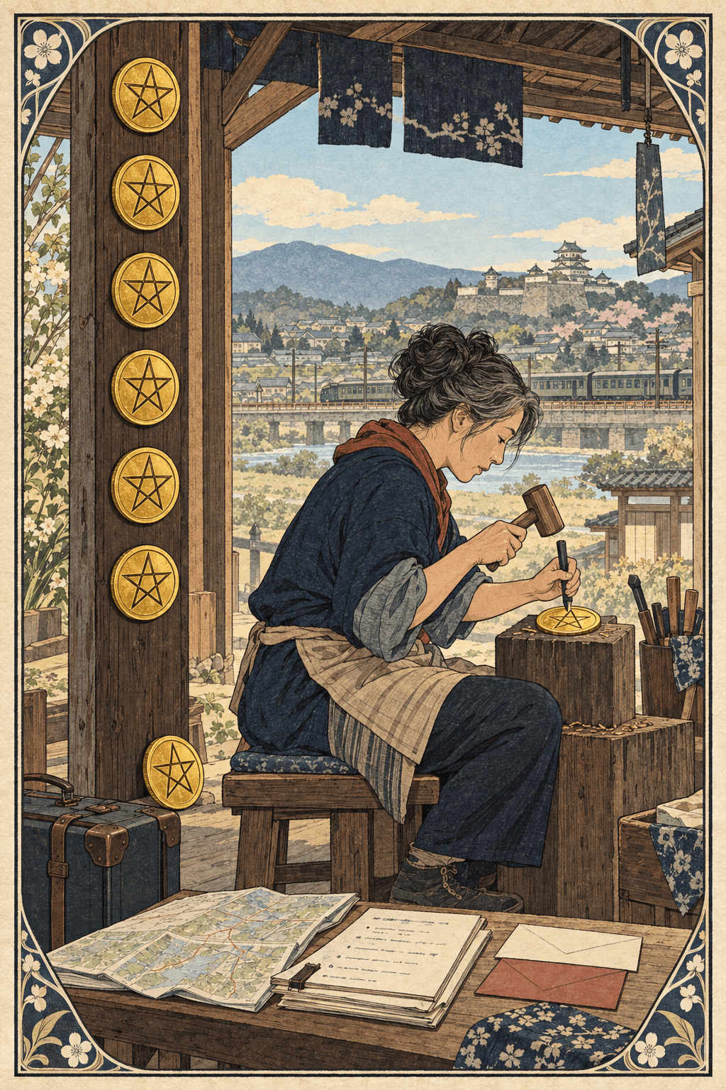 清晨的日本工坊裡,旅人以木槌與鑿子雕刻第八枚金色錢幣,木柱上排列六枚、腳邊一枚,遠方可見城鎮與列車,桌上攤著合約、地圖和行程