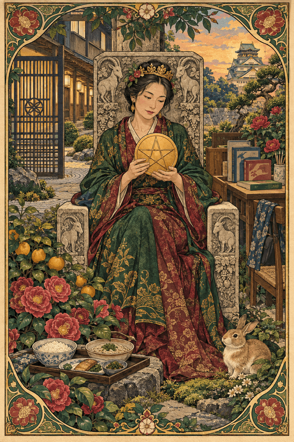 一名東亞女性化身錢幣皇后,端坐在規整宿舍門格與語校課本之間的繁茂庭園,懷抱唯一一枚金色錢幣,前方擺著偏澱粉的餐盤,兔子守在腳邊