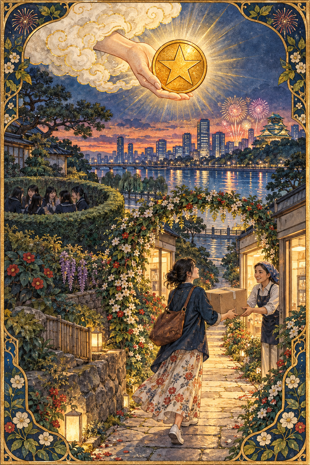 錢幣一意象中,一隻手從雲中托起唯一一枚金色錢幣;一名成年東亞女性扛著大型包裹,沿著穿出封閉樹籬圓圈與花拱門的道路走向外籍女店員,遠方大阪河岸升起煙火