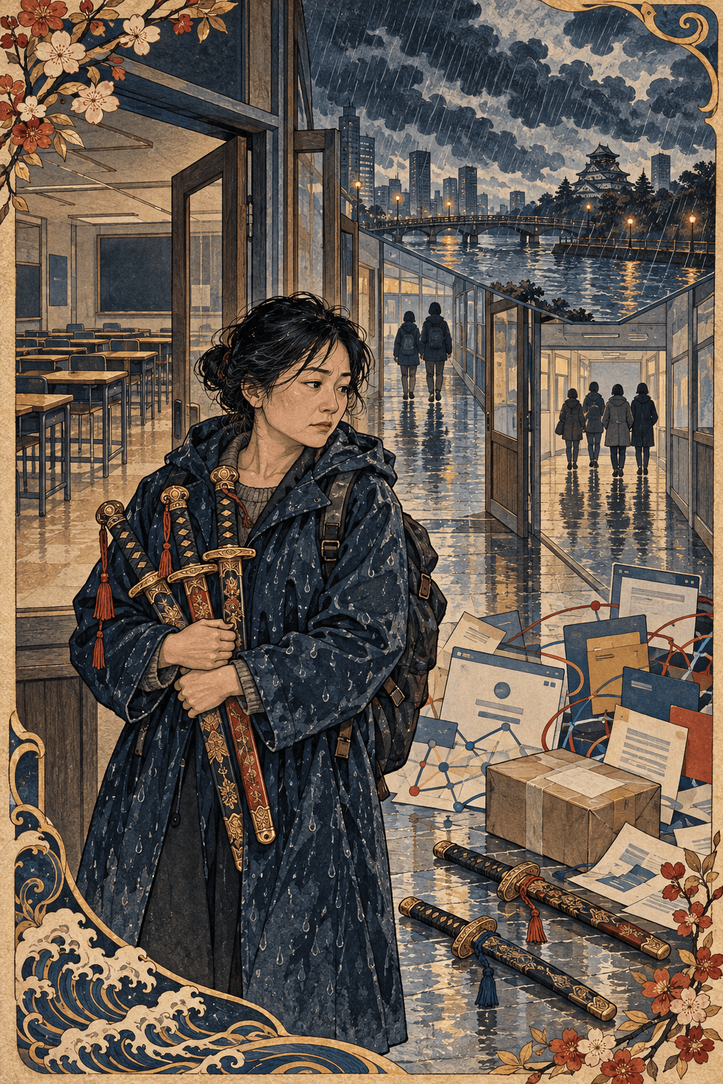 雨中的大阪語校裡,一名疲憊的東亞女性抱著三把劍,腳邊另有兩把劍、包裹與彼此斷裂的行政資料,遠處學生分流離去