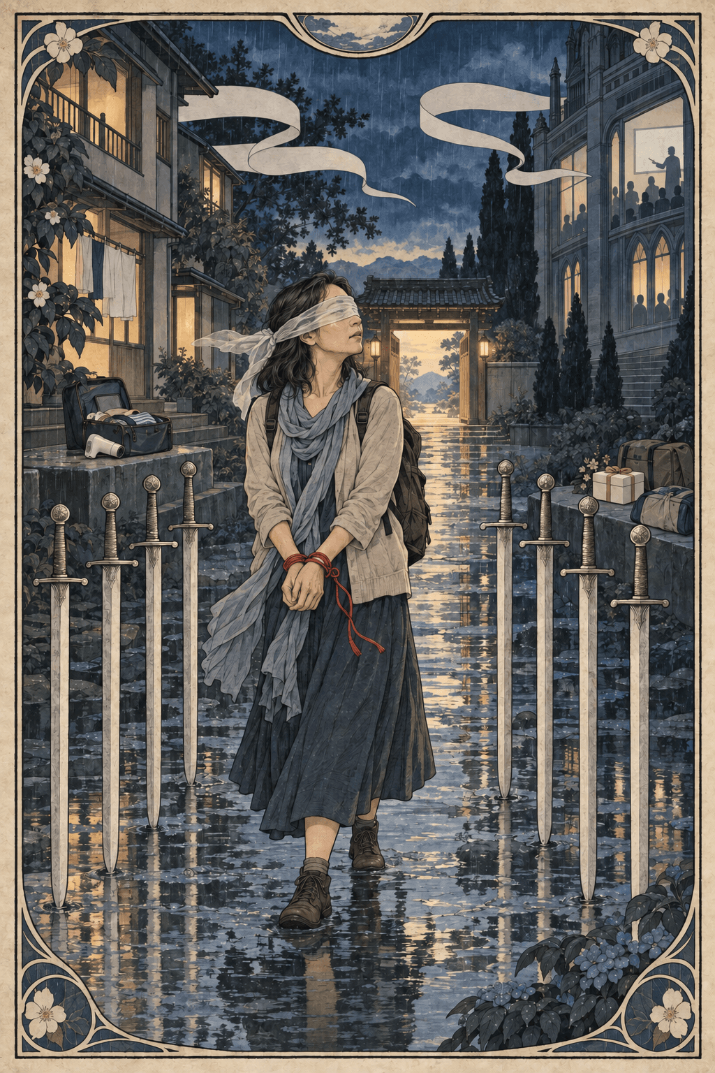 雨夜校園裡,一名蒙眼旅人雙手被鬆動的紅繩纏住,沿著左右各四把、共八把直立寶劍形成的通道,走向遠方敞開而明亮的門