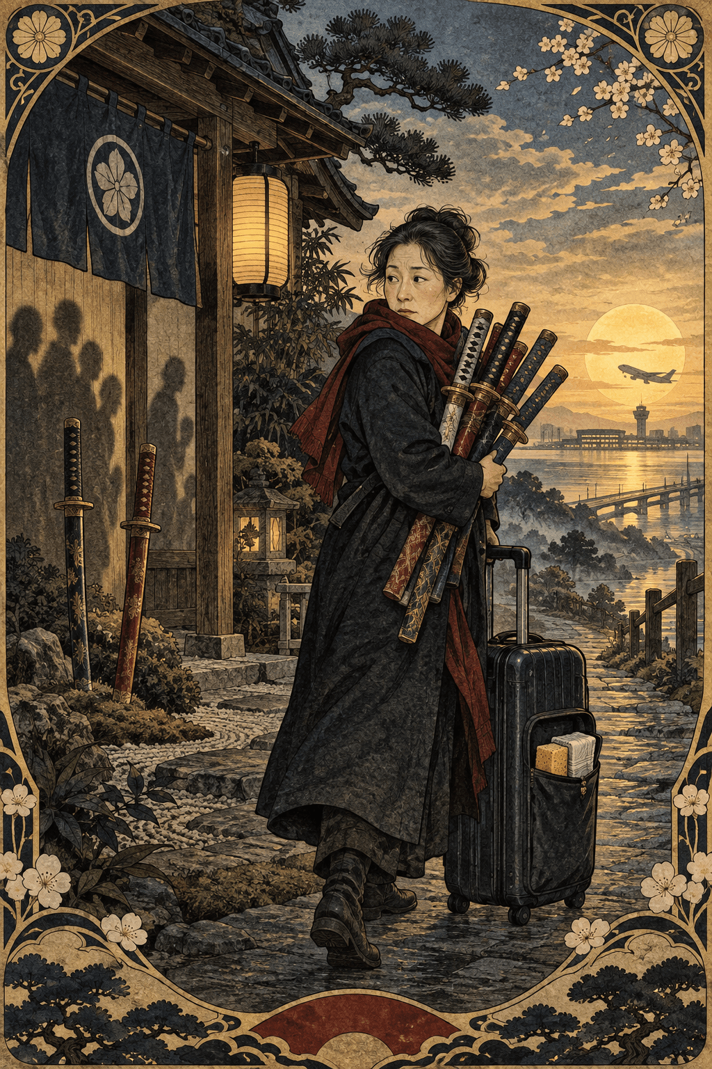 一名中年東亞女性旅人帶著行李走向晨光中的機場,懷裡抱著五把寶劍,回望旅館門旁留下的兩把寶劍