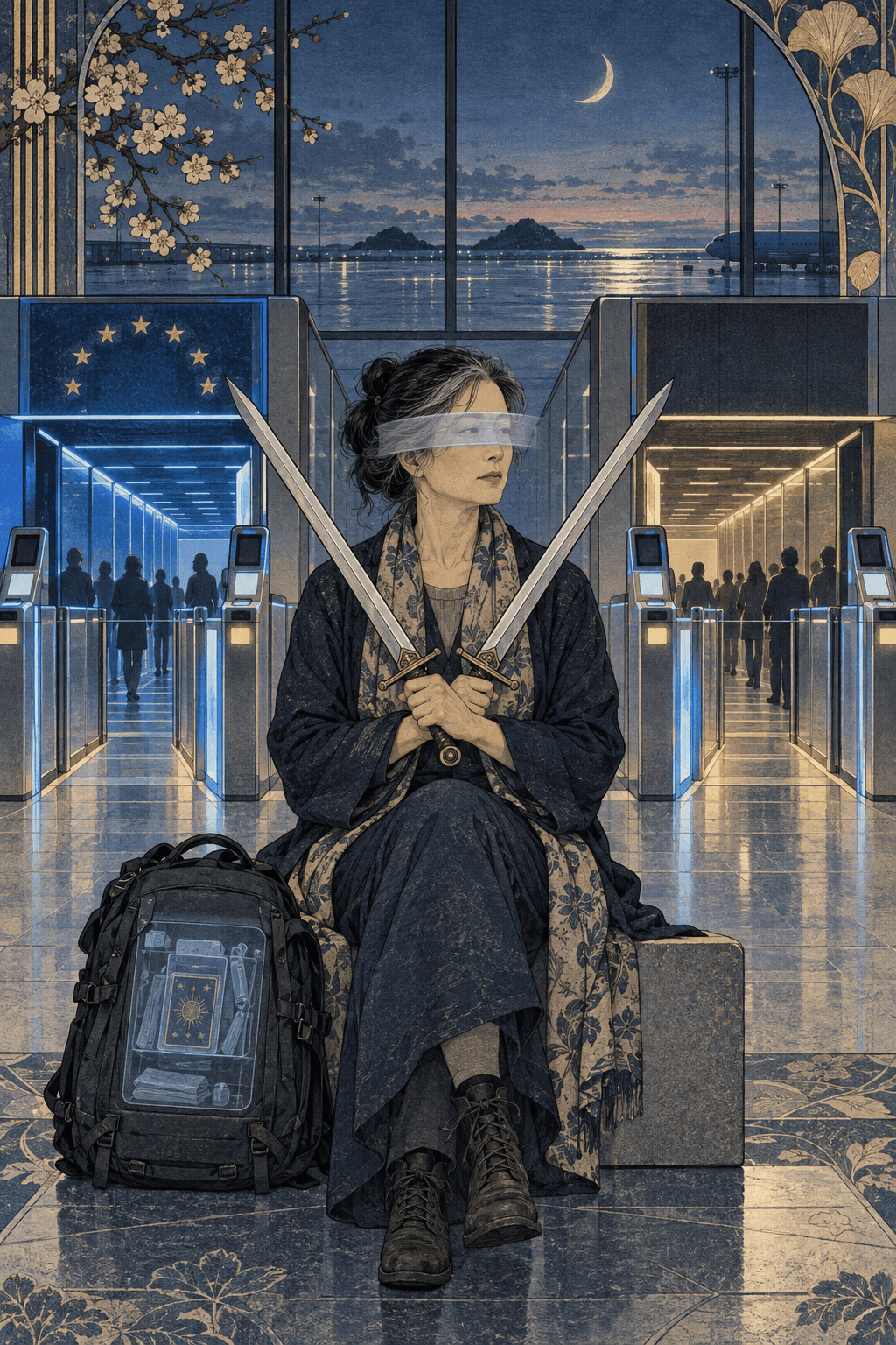 一名中年東亞女性旅人坐在自動化機場的兩條通道之間,眼前覆著半透明掃描光帶,雙手交叉握著兩把寶劍