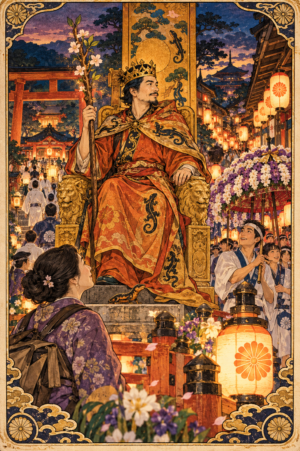 權杖國王意象中,一名東亞男性國王手持唯一一根開花的權杖,端坐在刻有獅子與火蜥蜴的王座上;京都神社的黃昏燈火、花傘隊伍與年輕世代在他身後延伸,一名中年東亞女性旅人從前景仰望
