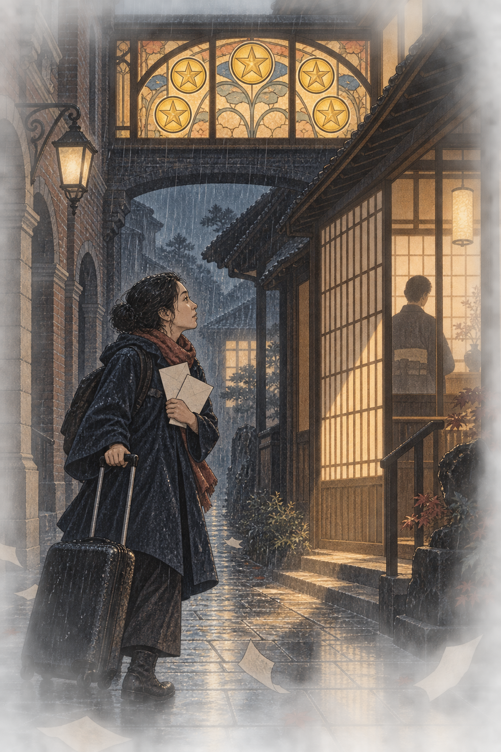 一名旅人冒雨停在日式會館外,手持兩封未獲回答的信,暖色窗楣上的五枚錢幣隔著格柵照亮她與室內的人影