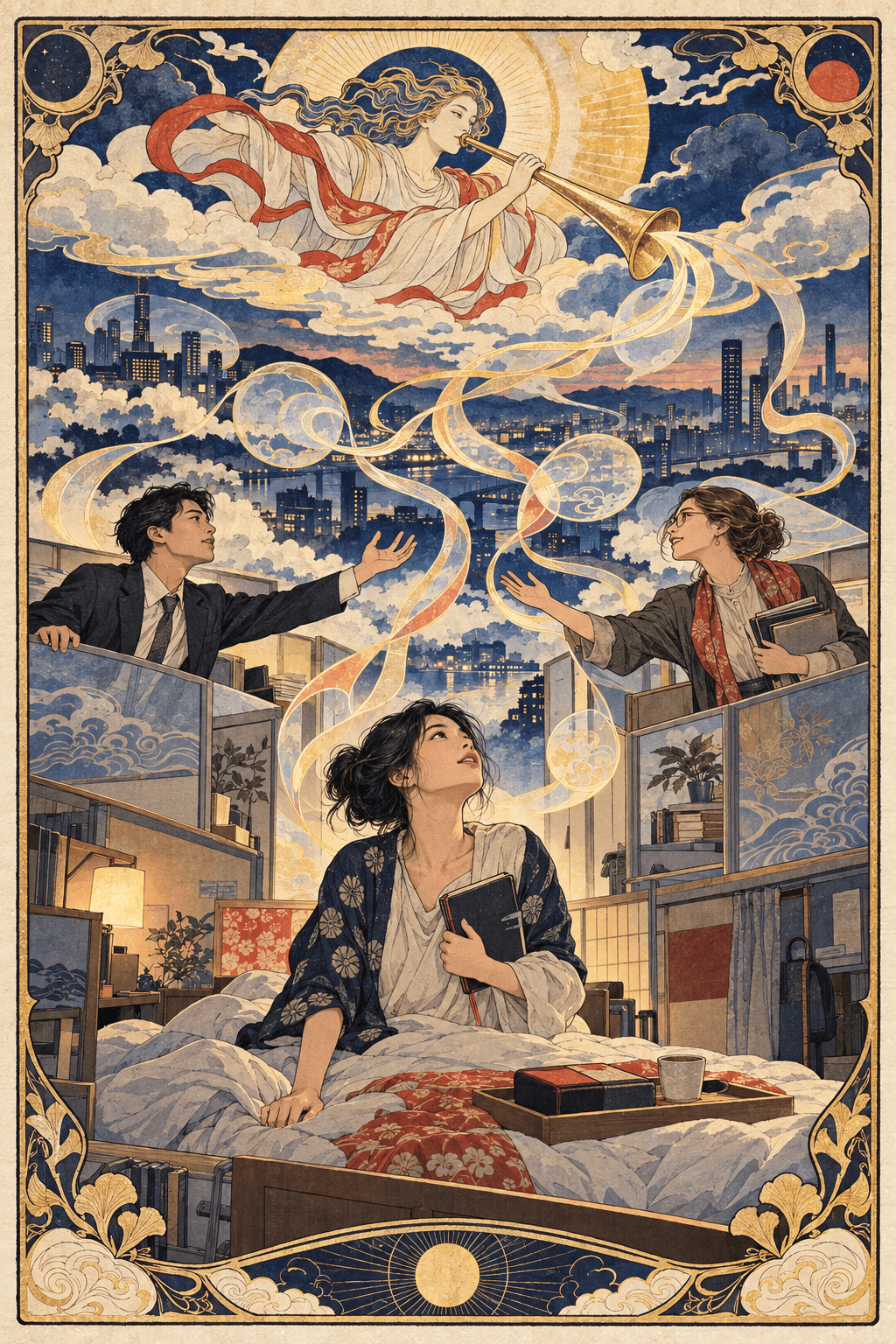 審判牌意象中,一名成年東亞女性作家抱著筆記本從宿舍床上起身,未動的早餐仍放在床邊;雲中的使者吹響一支號角,兩名辦公室人物從隔間中抬頭伸手,金色聲波在三人與遠方城市之間交織