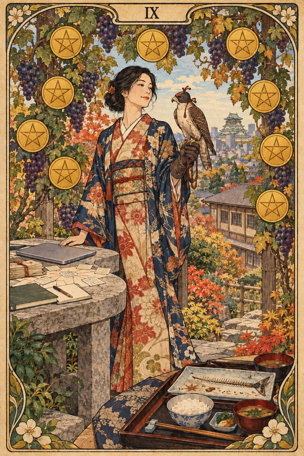 一名東亞女性化身錢幣九中的人物,獨自站在大阪秋日葡萄園裡,手托獵鷹,九枚金色錢幣環繞四周;一旁是工作桌、語校課本與吃完秋刀魚的餐盤