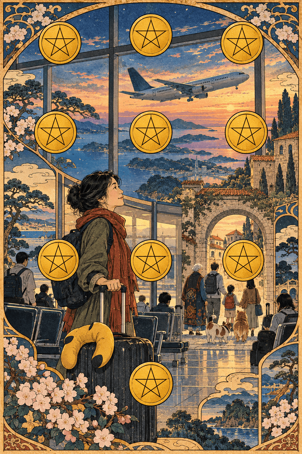 一名中年東亞女性旅人站在機場候機區,窗外飛機掠過日本列島,遠方拱門下有三代旅人與兩隻狗,畫面排列著正好十枚金色錢幣