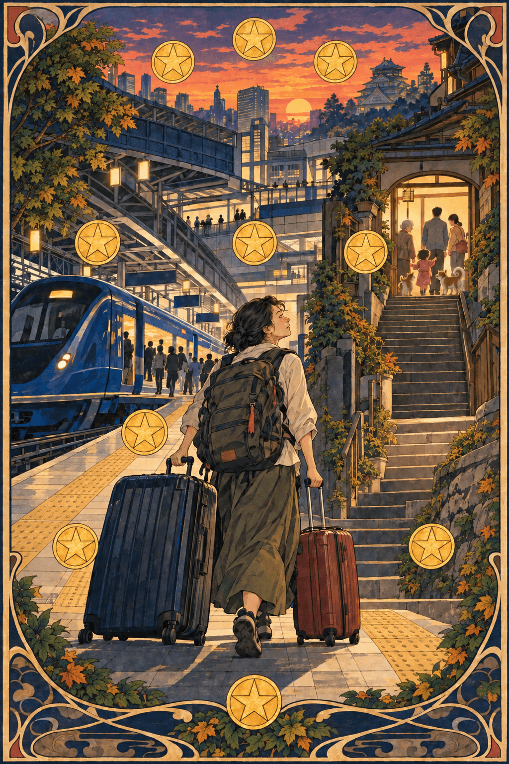 一名中年東亞女性旅人拖著兩只行李箱、背著沉重背包走出藍色南海特急列車,沿著大阪車站與階梯尋找暫住之所,遠方拱門下有三代人物與兩隻狗,畫面排列著正好十枚金色錢幣