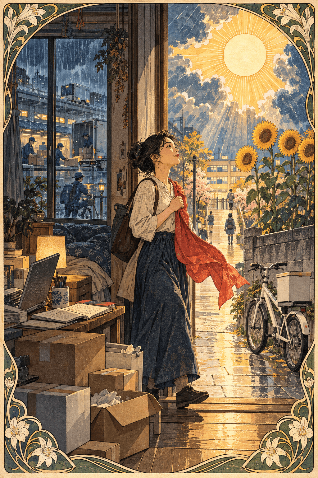一名東亞女性站在雨夜宿舍與晴朗晨光的交界,身旁是包裹、物流車與白色單車,矮牆後四朵向日葵迎著唯一一輪太陽