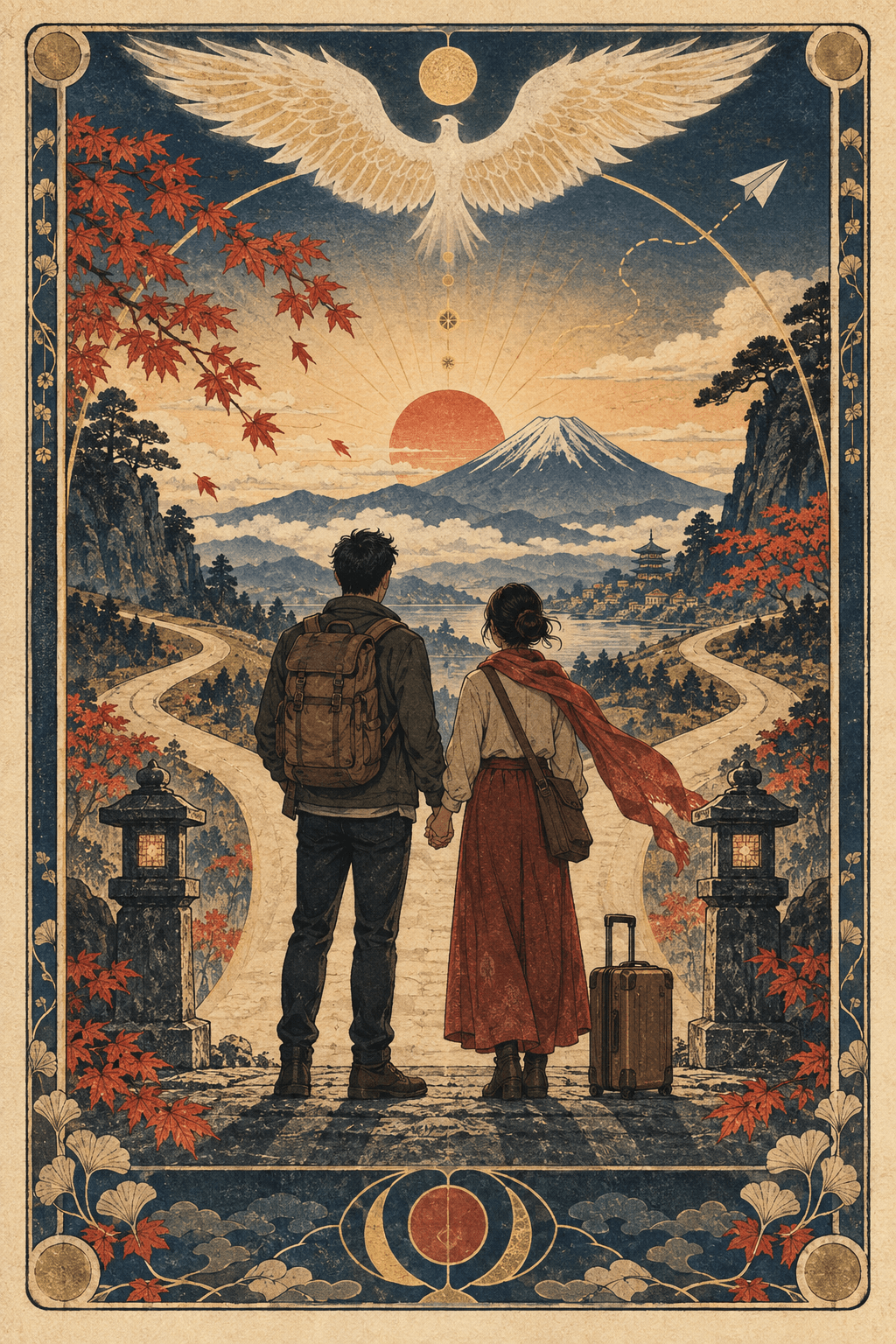 兩名旅人在初秋山景前牽手站在岔路口,遠方是旭日與山峰的塔羅牌風格插畫