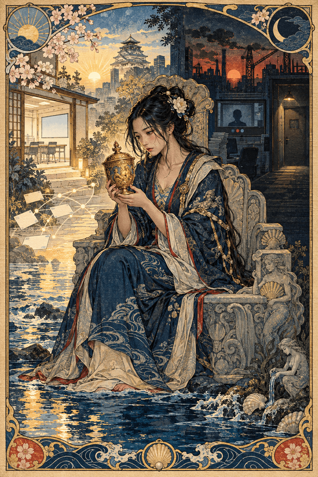 一名疲憊而沉思的東亞女性化身聖杯皇后,端坐在晨光語校與暮色工業辦公室之間的海岸王座上,雙手凝視唯一一只帶蓋金杯
