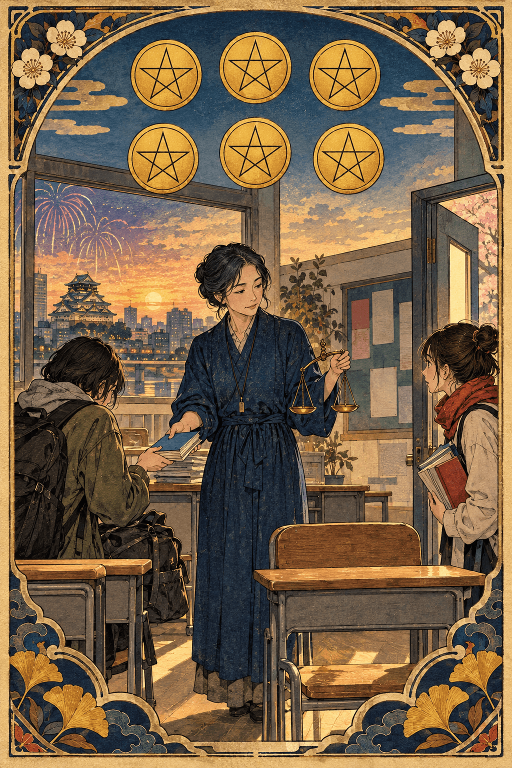 錢幣六意象中,一名身穿靛藍衣裳的中年東亞女性站在大阪語言學校的教室中央,左手持秤、右手分發學習卡片;上方只有六枚清楚可數的錢幣,一側的學生正收拾離開,另一側有新同學進門與空椅等待,窗外殘留煙火與午後暮色