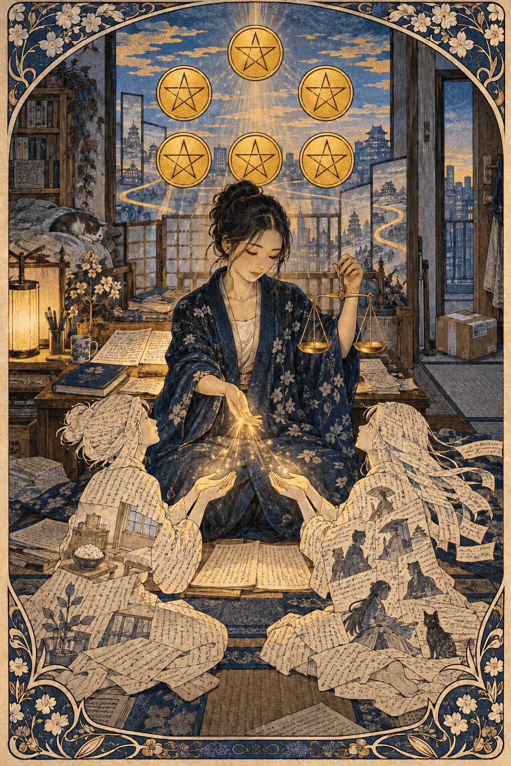 錢幣六牌意象中,一名成年東亞女性作家在大阪宿舍的黎明書房裡,一手持平衡的天秤,一手把金色光芒分給兩名由稿紙構成的人物;上方正好排列六枚錢幣,門外的退貨包裹安然無恙