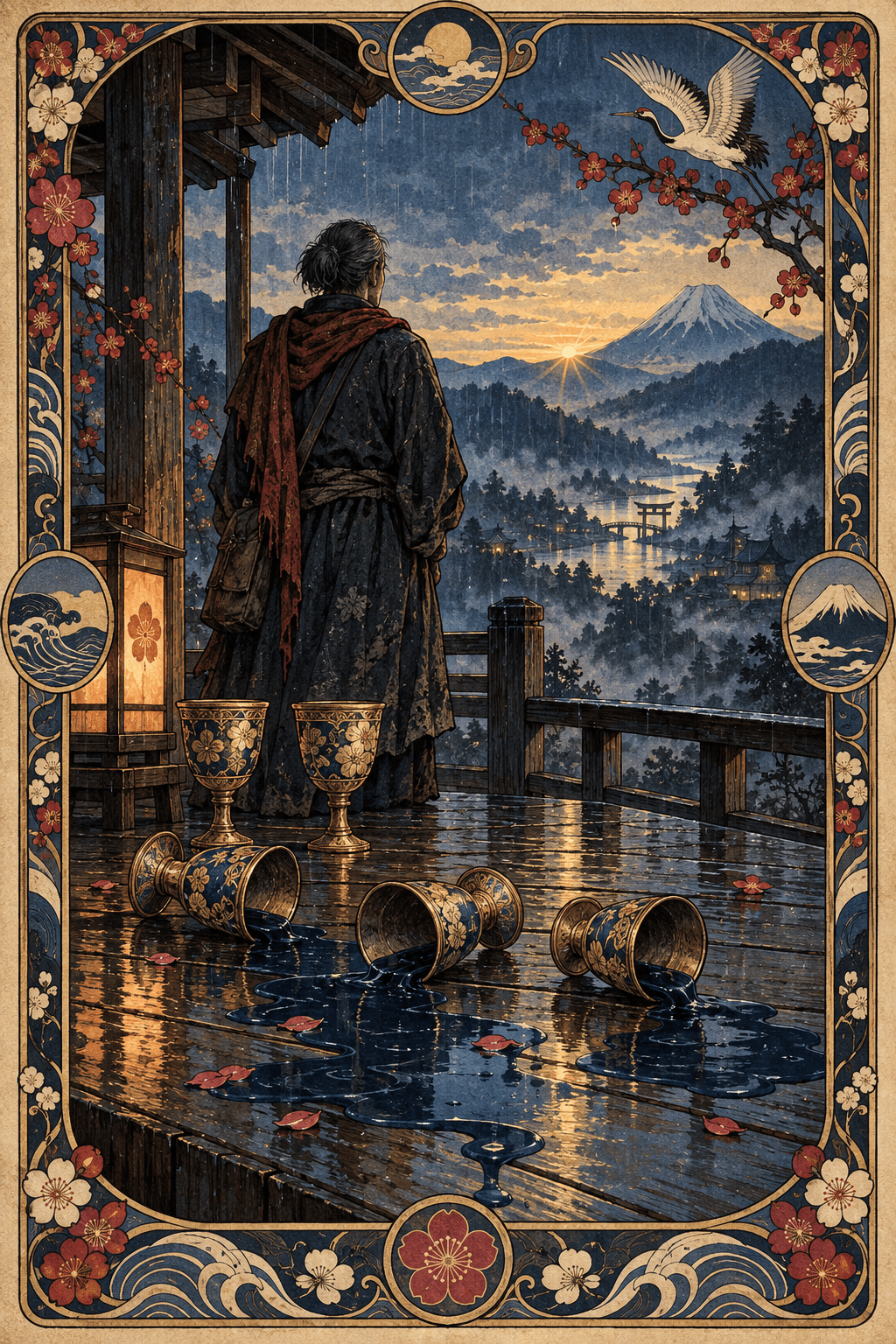 雨後的木造露台上,一名旅人望向遠山晨光;前方三只聖杯傾倒、兩只仍然直立的復古塔羅牌插畫