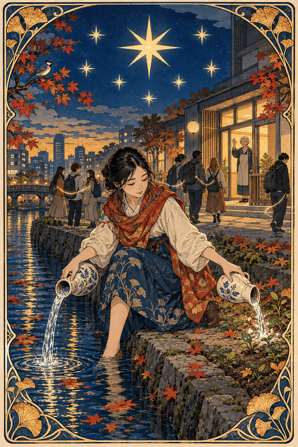 星星牌意象中,一名東亞女性在大阪語校旁的運河與土地間傾倒雙壺清水,天空有一顆八芒大星與七顆小星,校舍管理員在門口向各自離去的學生揮手