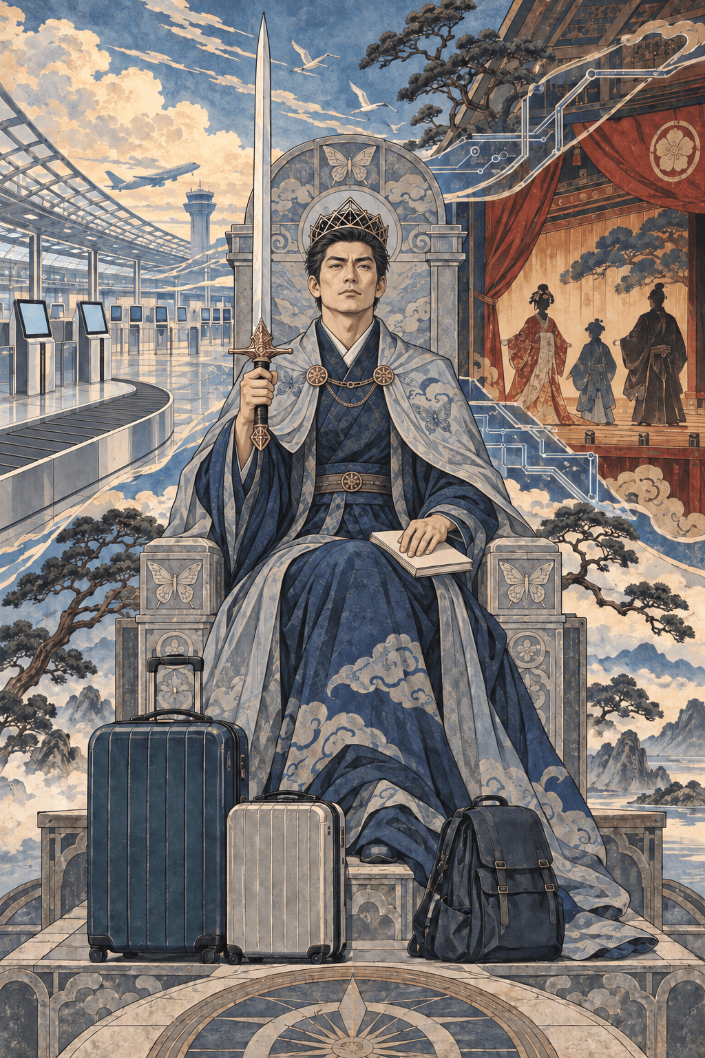 一名冷靜的東亞男性國王坐在機場與歌舞伎舞台交界的王座上,手持一把直立寶劍,腳邊放著一大一小行李箱與一個背包