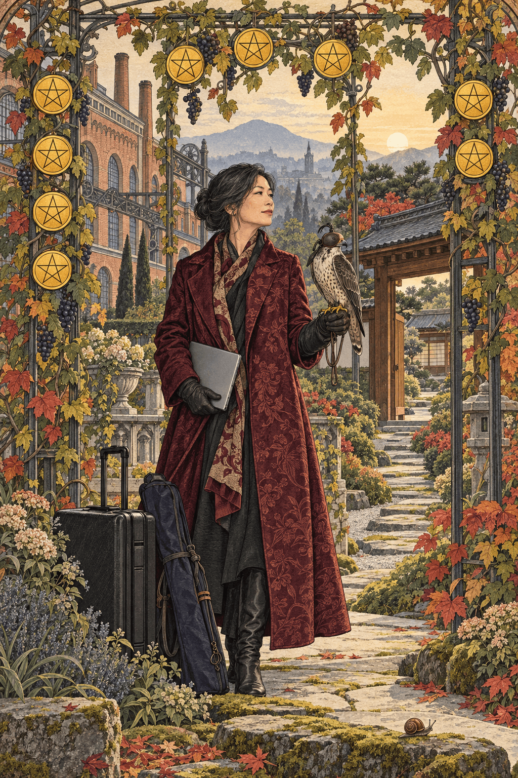 一名沉著的旅人站在德式工業溫室與日式道場交會的葡萄園中,手托獵鷹,藤蔓上分布四、三、二排列的九枚金色錢幣