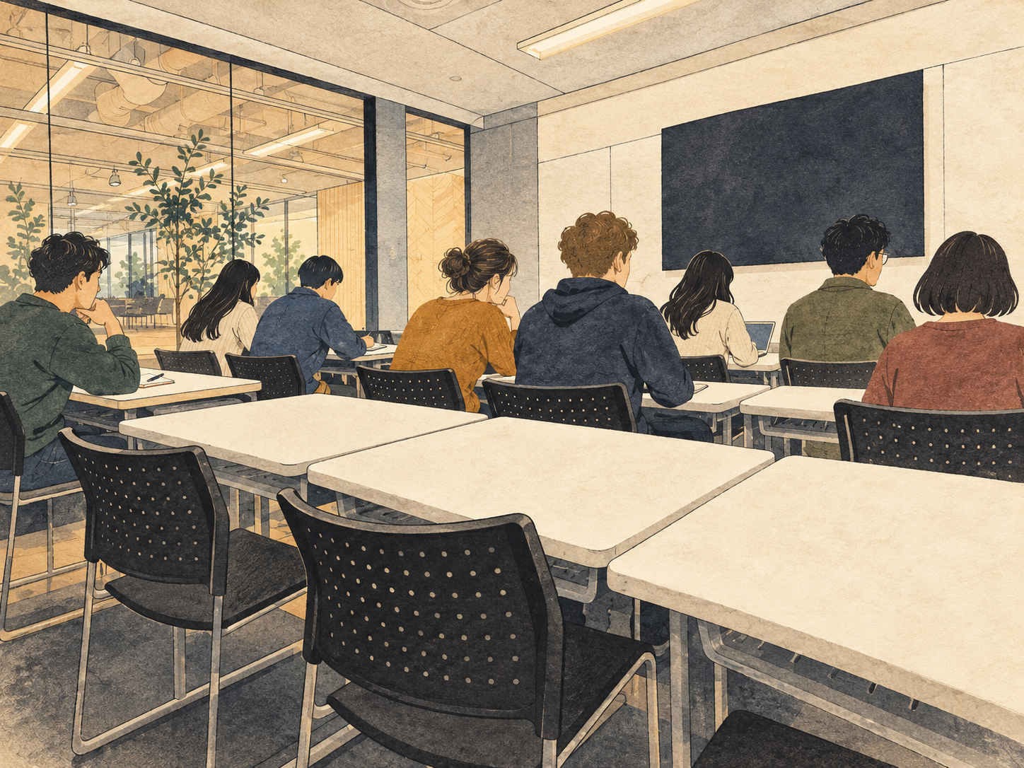 以 AI 重新繪製的語言學校說明會教室，前排座位仍有許多空位，學生皆為無法辨識身分的虛構人物