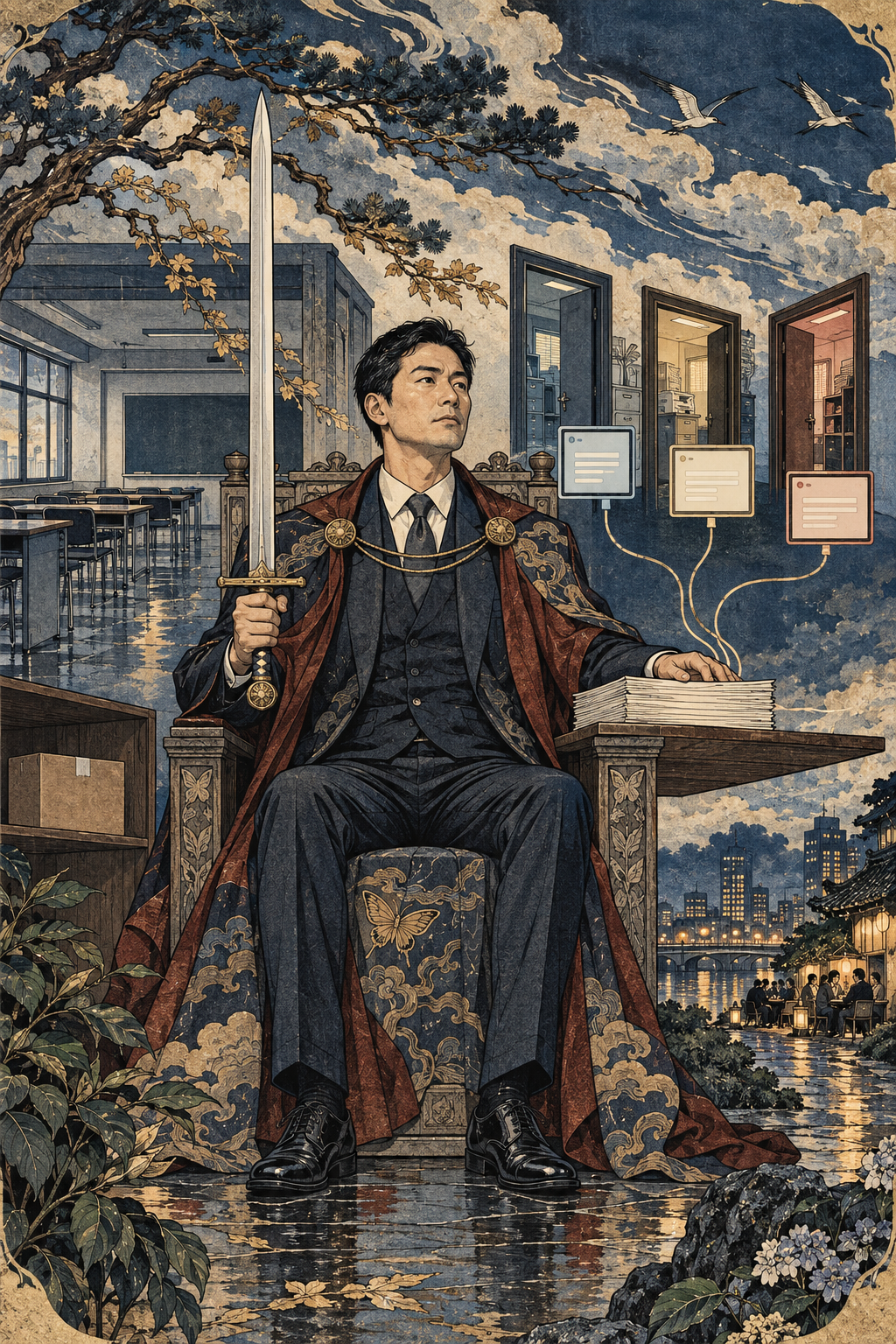 一名東亞男性國王端坐於語言學校辦公室與雨後城市之間，手持唯一一把直立的劍，身旁是彼此分離的空白表格與系統畫面