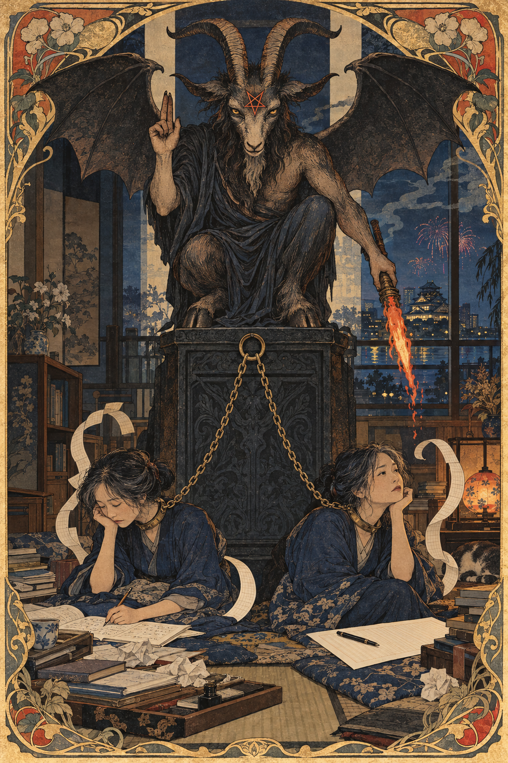 惡魔牌意象中，一名長著山羊角與蝙蝠翼的惡魔蹲在黑色祭壇上，額頭有倒五芒星，一手反向祝福、一手將火炬朝下；兩道鬆開的鎖鏈連著同一名中年東亞女性的兩個分身，一人伏在未完成的日文功課前，一人對著空白稿紙放空，窗外的大阪煙火正逐漸消失