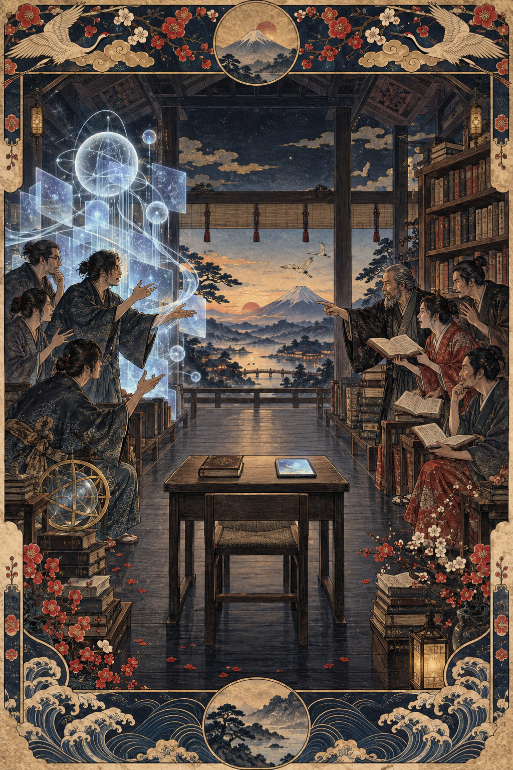 暮色中的日式書房裡，主張 AI 學習與傳統閱讀的兩群人隔桌爭論，中央桌上並置一本書與一台發光平板